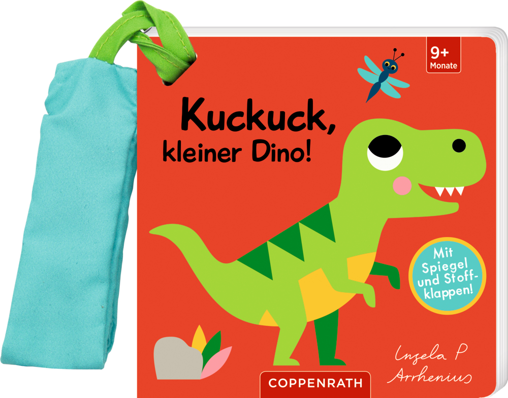 Rotes Babybuch mit grünem Dinosaurier, blauer Libelle und einer türkisfarbenen Schlaufe als Henkel.