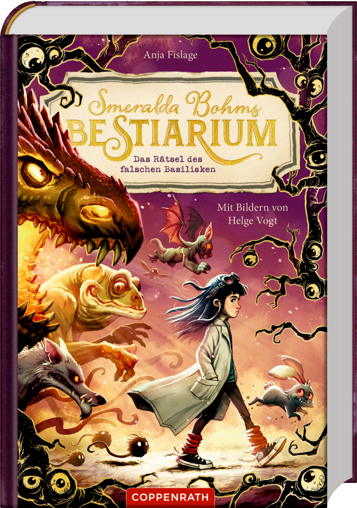 Buchcover mit Mädchen im Mantel, umgeben von fantastischen Kreaturen vor violett-goldenem Hintergrund mit Ästen und Augen.