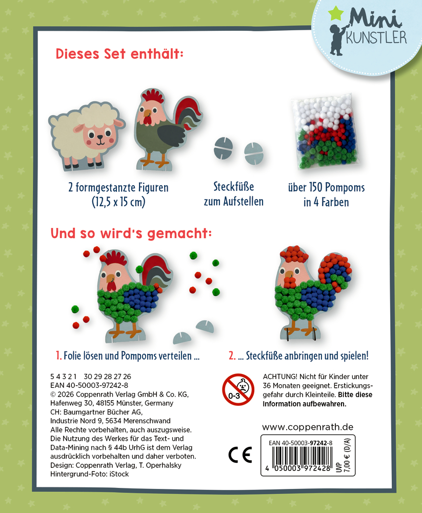 Bastelset mit Figuren von Schaf und Hahn, zwei Steckfüßen sowie Beutel mit bunten Pompons in Weiß, Rot, Blau und Grün.