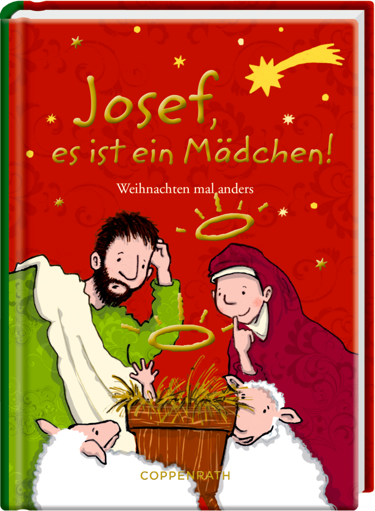 Buchcover: Josef, Maria und Schafe stehen an der Krippe; Titelschriftzug „Josef, es ist ein Mädchen!“.