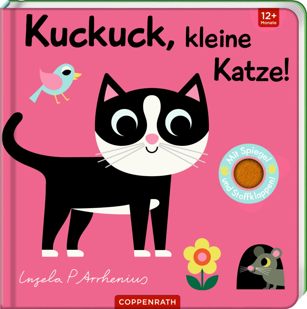 Kinderbuchcover von "Kuckuck, kleine Katze!" mit schwarz-weißer Katze, Vogel, Blume und Maus,  Text auf rosa Hintergrund.