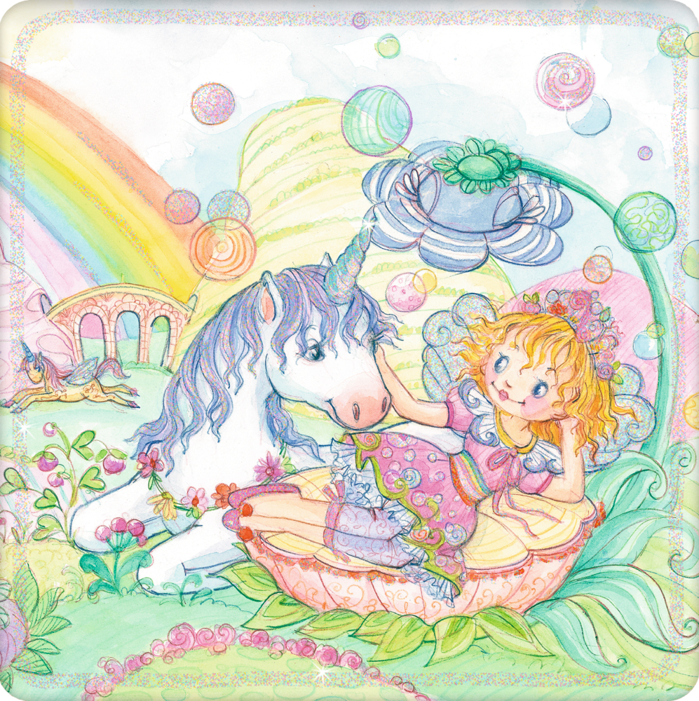 Prinzessin Lillifee führt ein Einhorn durch einen bunten Zauberwald, während Tiere auf ihm reiten oder es begleiten.