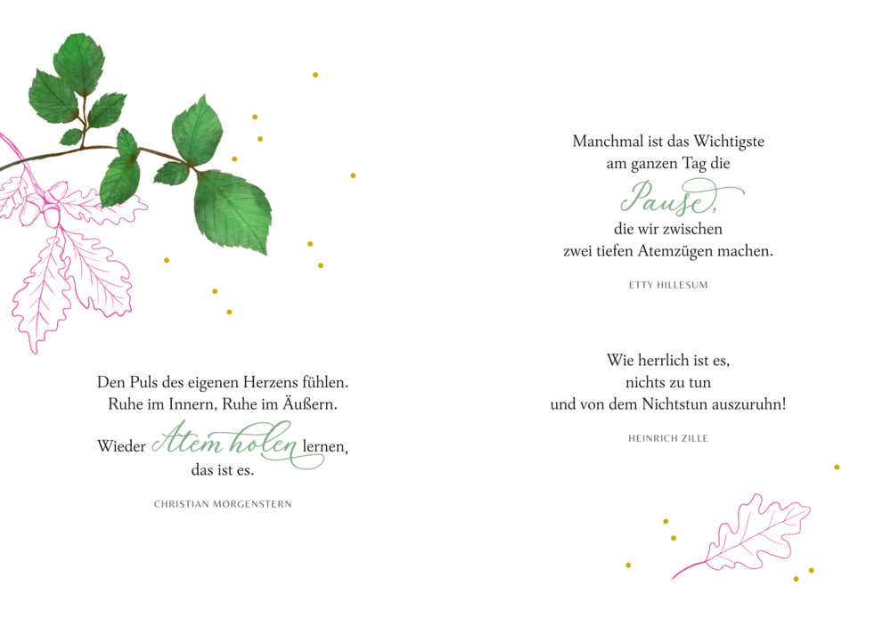 Zweig mit grünen Blättern, rosa Eichenblättern und gelben Punkten, dazu mehrere Textzitate in Schwarz und Grün.
