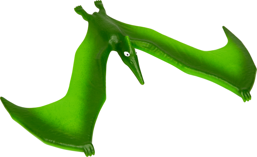Grüner Spielzeug-Pterodaktylus aus Kunststoff mit großen Flügeln und spitzem Schnabel.