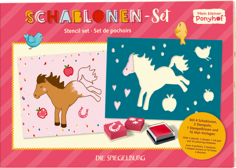 Kinder-Schablonenset im Karton mit Ponys, Äpfeln, Herzen auf rosa Untergrund, mit deutschem Text.