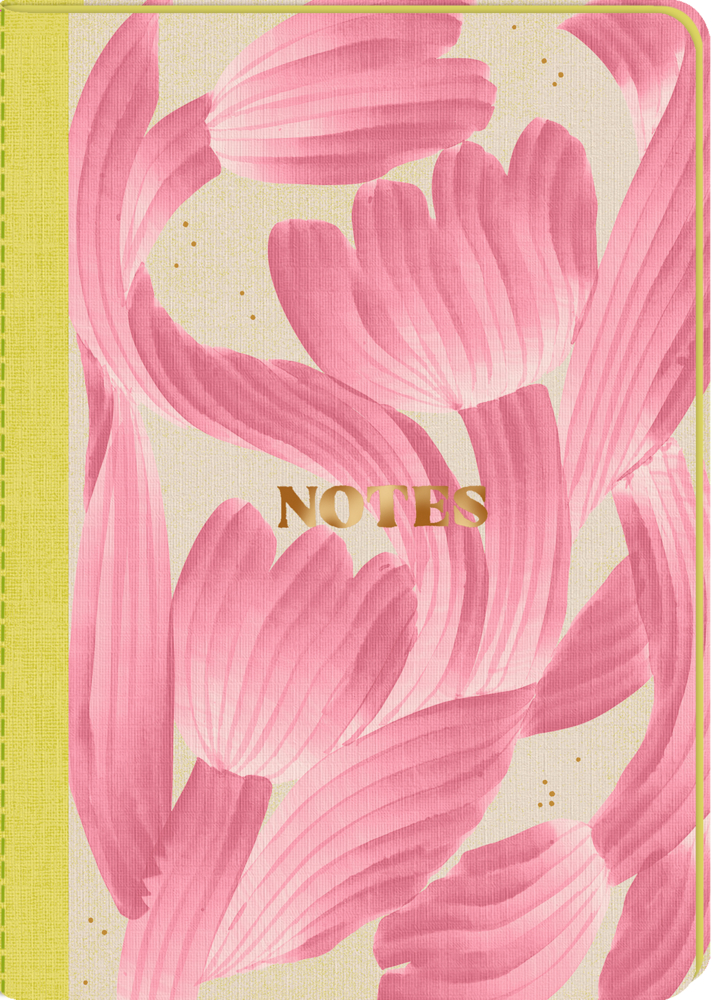 Notizbuch mit gelbem Rücken und rosa Blumenmuster auf cremefarbenem Hintergrund, goldener Schriftzug „NOTES“ auf dem Deckel.