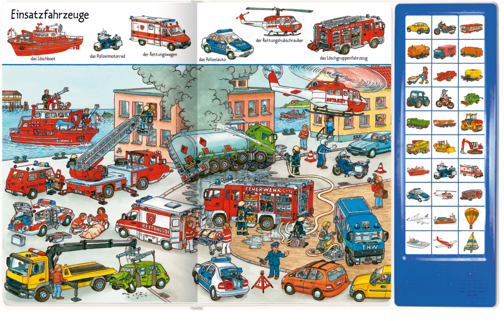 Kinderbuchcover mit Fahrzeugen, auf der rechten Seite sind 30 Soundbuttons für unterschiedliche Fahrzeuggeräusche abgebildet.