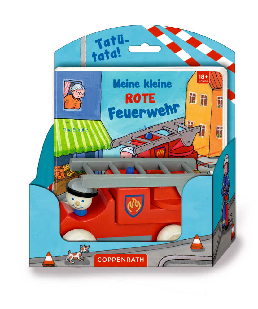 Spielzeug-Feuerwehrauto und Buch „Meine kleine rote Feuerwehr“ in bunter Verpackung, geeignet für Kinder ab 18 Monaten.