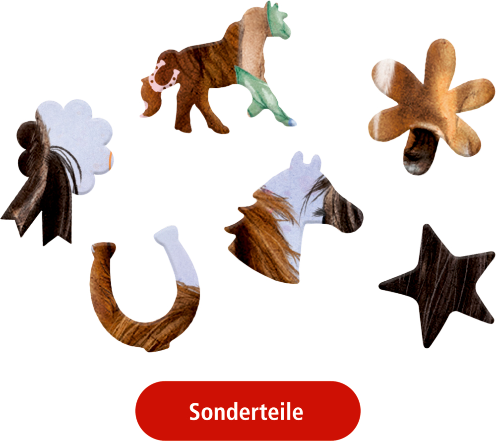 Sechs bunte Sonderpuzzleteile in Form von Pferd, Pferdekopf, Hufeisen, Turnierschleife, Stern und Blume auf weißem Hintergrund.