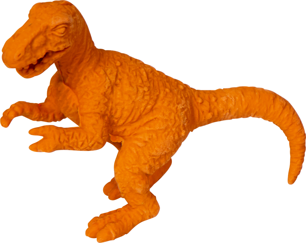 Orangefarbener T-Rex-Dinosaurier auf zwei Beinen, vor einem schlichten weißen Hintergrund.