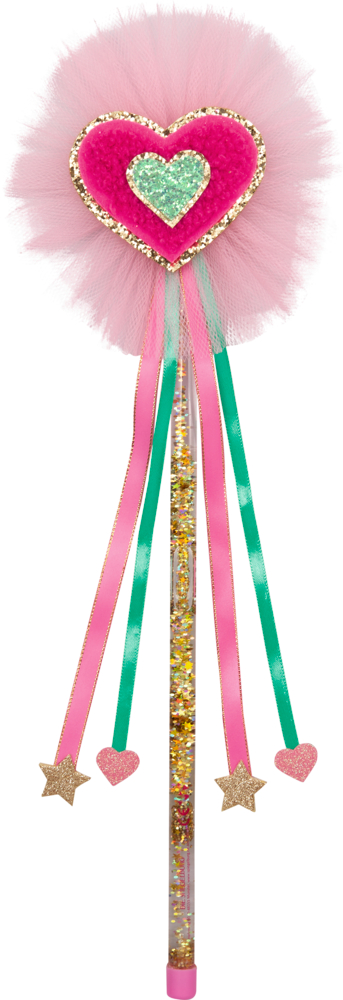 Zauberstab mit pink Flauschherz, darauf ein türkises Glitzerherz mit goldener Umrandung, auf rosa Tüll, bunten Glitzerpartikeln im transparentem Zauberstab und Bändern mit Herz- und Sternanhängern.