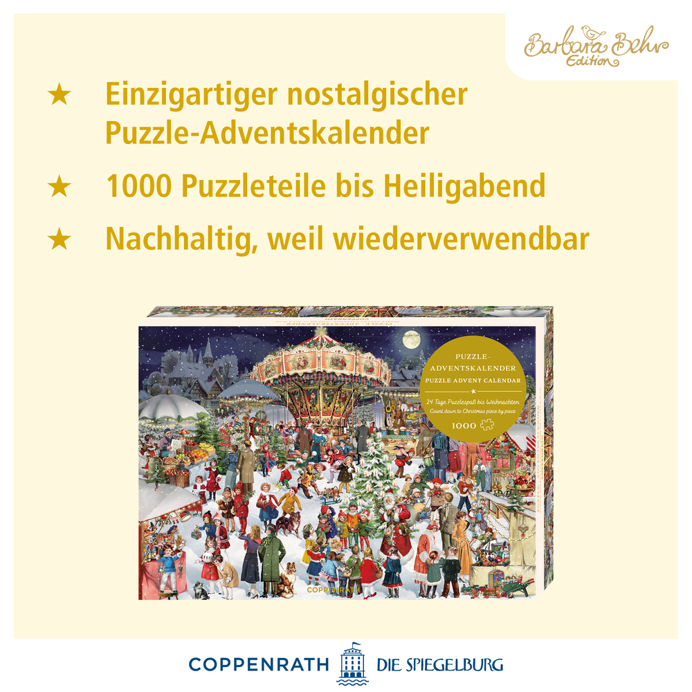 Rechteckige Puzzleverpackung mit weihnachtlicher Marktszene und Karussell, umgeben von Menschen in Winterkleidung.