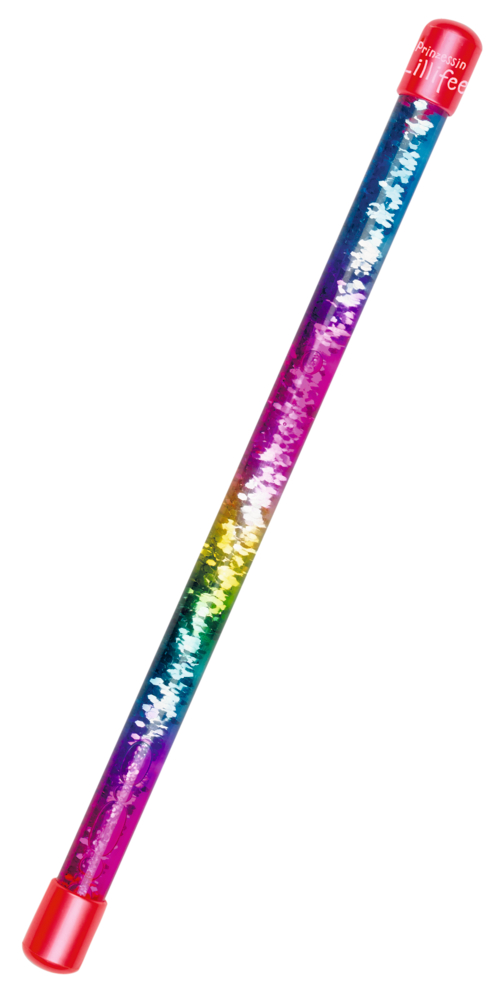 Regenbogen-Glitzerstab mit roten Endkappen und Glitzer im Inneren.