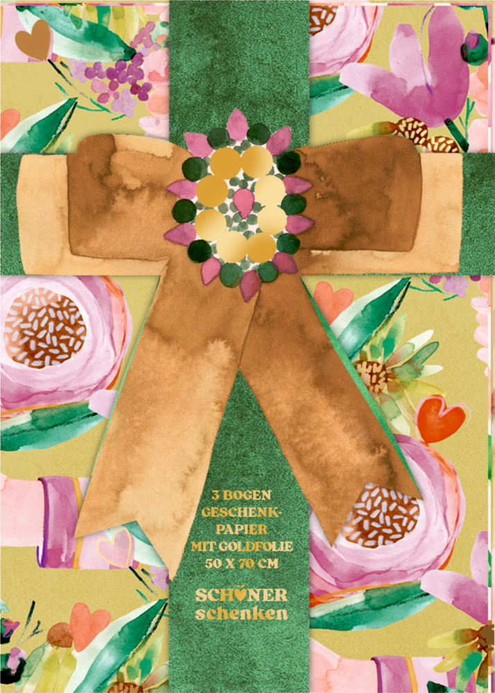 Geschenkpapier mit Blumenmuster in Rosa und Grün, verziert mit brauner Schleife und goldfarbenen Akzenten.