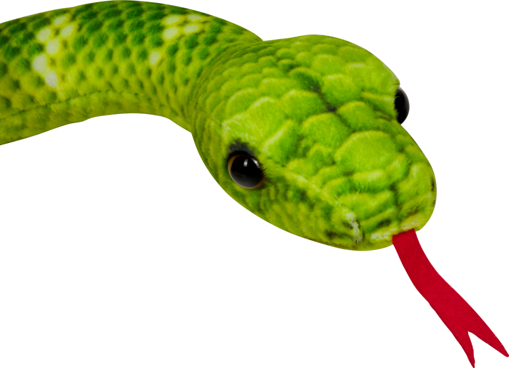 Grüne Plüschtier Schlange mit schwarzen Augen und roter Filzzunge auf weißem Hintergrund.