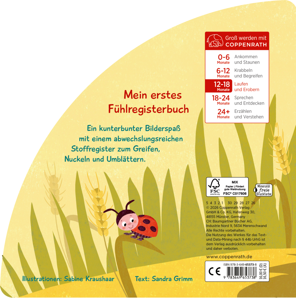 Buchrückseite mit Marienkäfer auf Grashalm und Ähren im Hintergrund.
