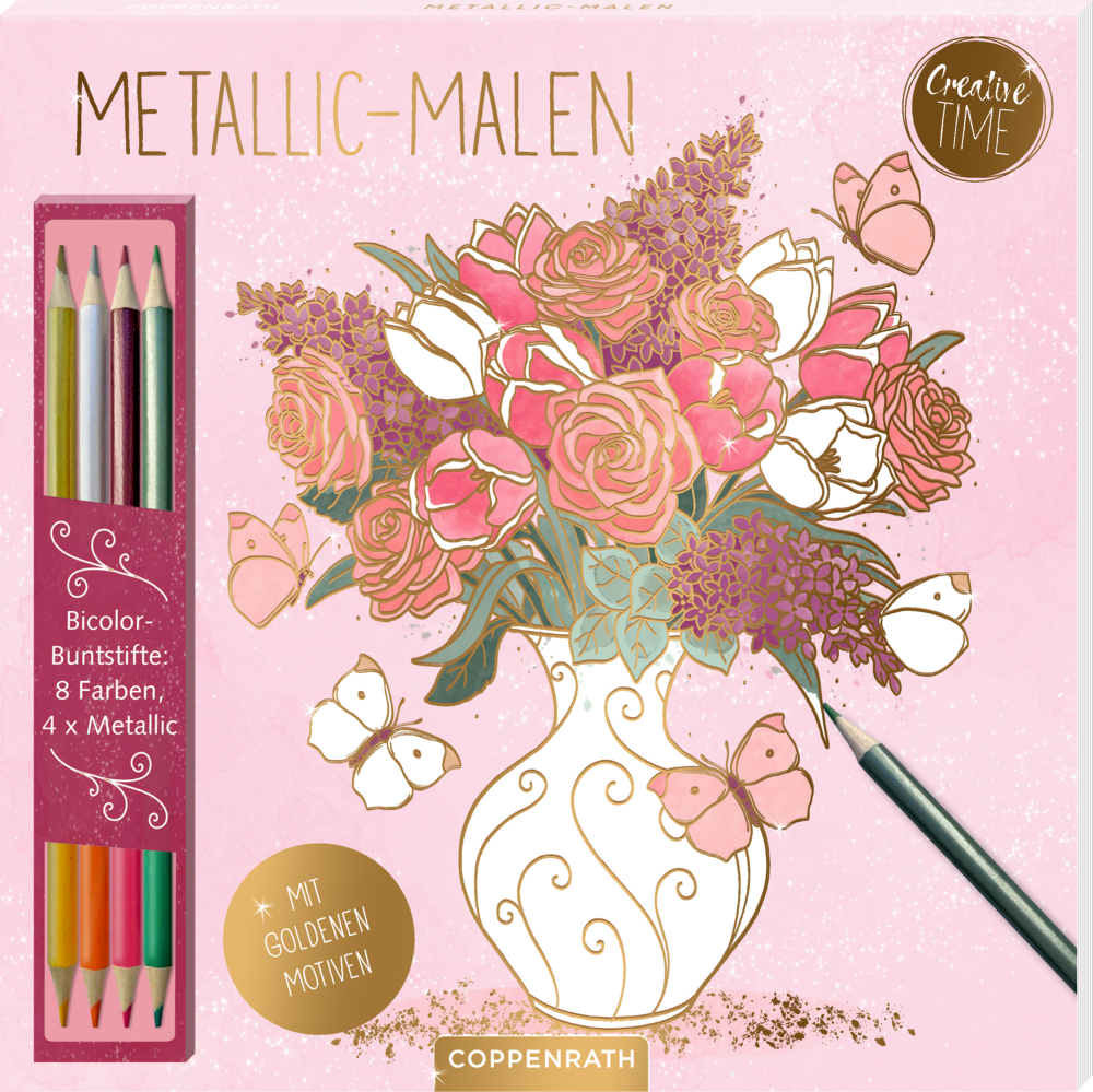 Rosafarbene Außenansicht des Malblocks mit dem Motiv: Blumenvase, sowie goldenen Akzenten und Schmetterlingen und pinkfarbener Umverpackung der metallischen Buntstifte.