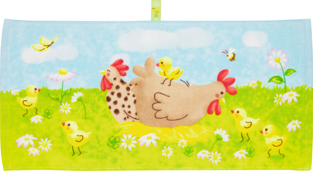 Hennen und Küken  auf einer grünen Wiese mit Blumen. Bienen und Schmetterlinge fliegen, der Himmel ist blau.