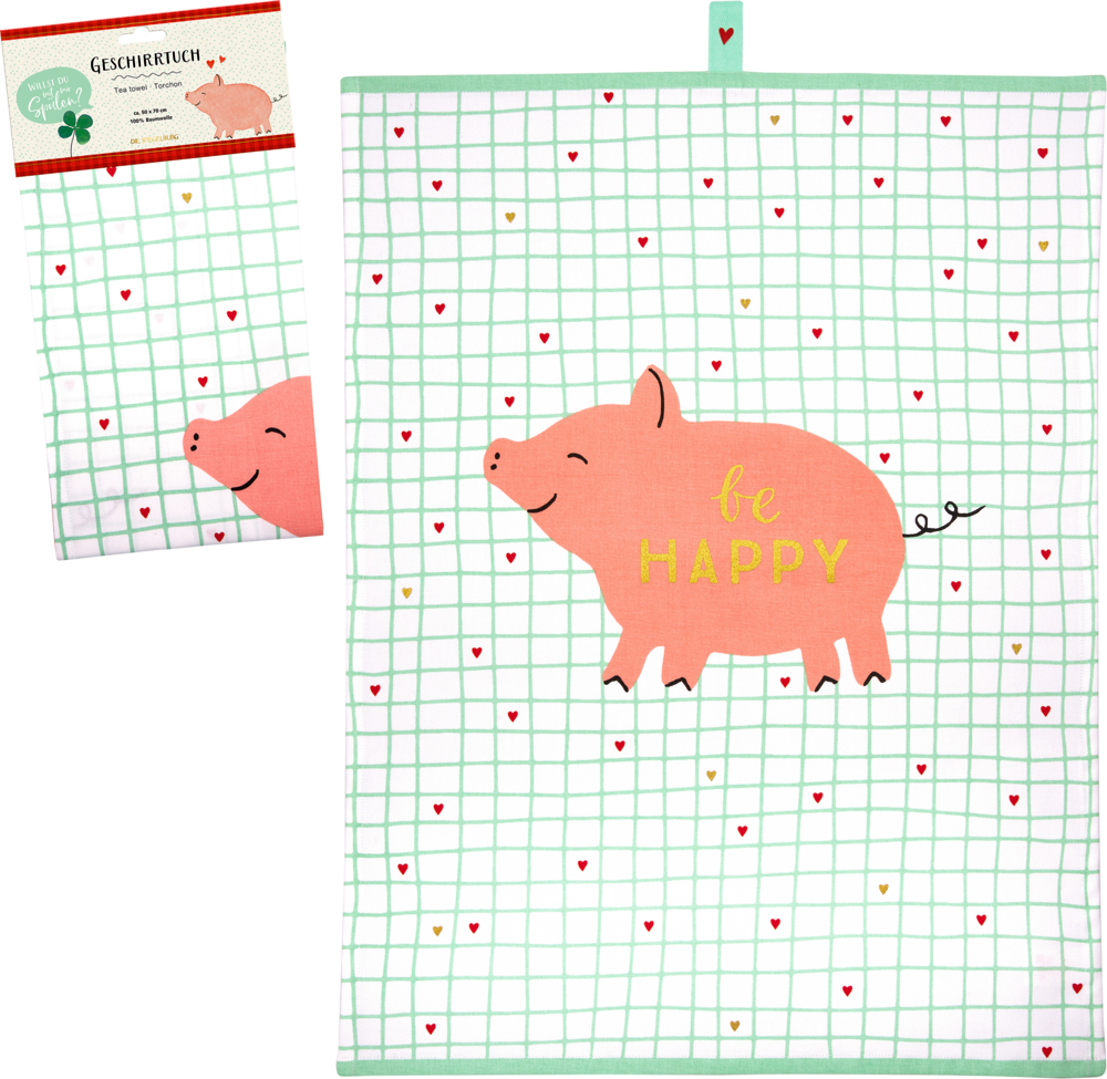 Weißes Geschirrtuch mit türkisem Karomuster, kleinen roten Herzen und rosa Schweinmotiv mit goldenem Text „be happy“ auf dem Schwein, daneben ein verpacktes Geschirrtuch.