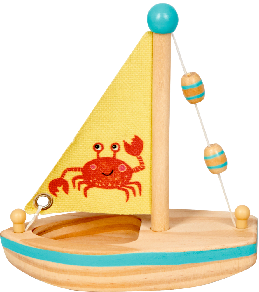 Holzspielzeug-Segelboot mit gelbem Segel, lächelnder roter Krabbe und blauen Perlen, die den Mast schmücken.