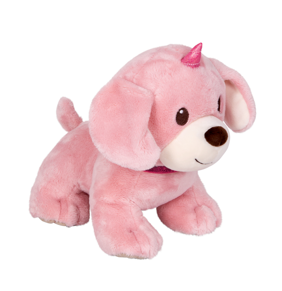 Ein rosa Plüschhund mit Schlappohren und einem winzigen Einhornhorn auf der Stirn.