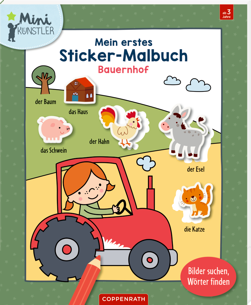 Sticker-Malbuchcover mit Bauernhofmotiv, eine Person fährt einen roten Traktor, umgeben von bunten Bauernhoftieren.