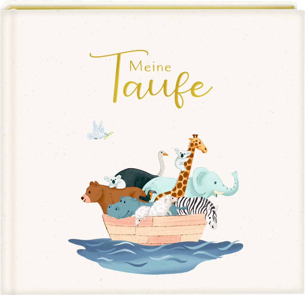 Cover des Taufalbums: Arche Noah mit Tieren und „Meine Taufe“ auf weißem Buchdeckel.