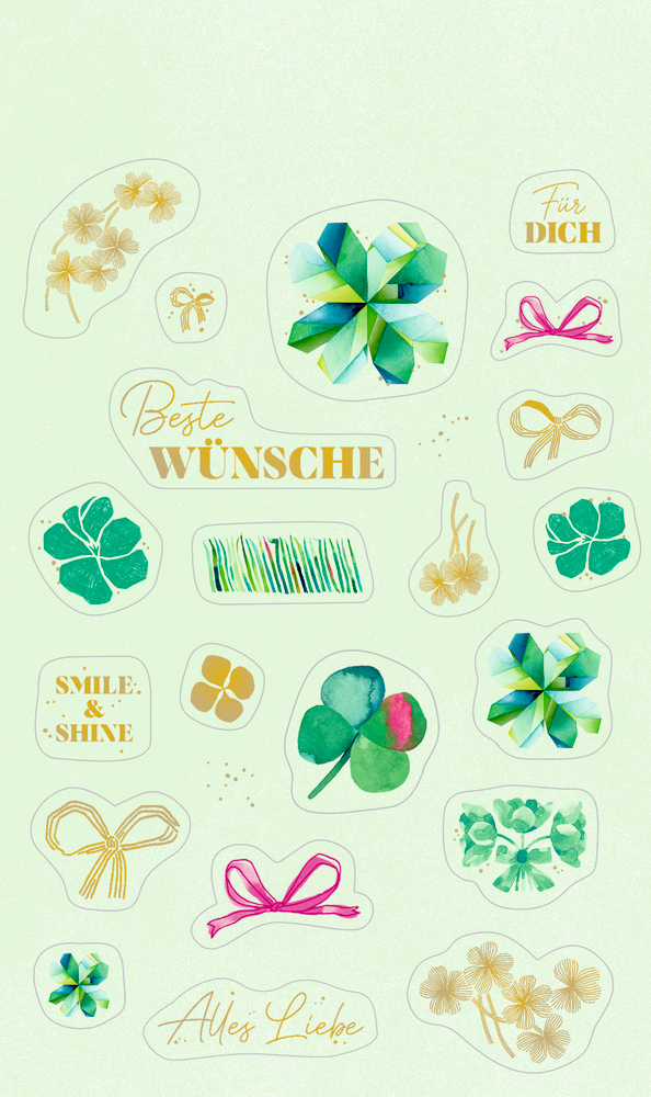 Aufkleber mit Kleeblättern, Schleifen, Blumen und Grußworten auf hellgrünem Hintergrund.
