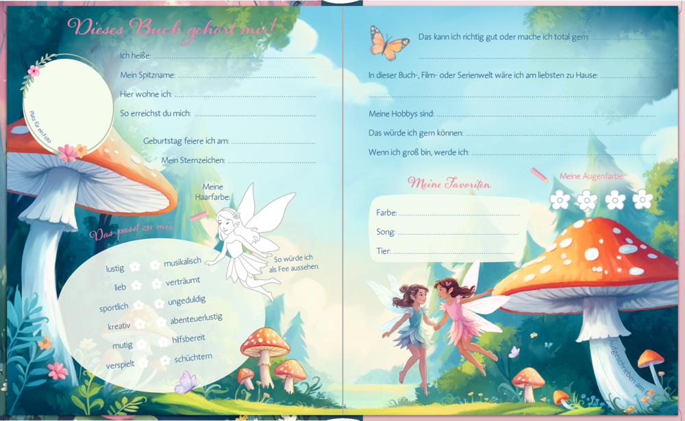 Zweiseitige, bunt illustrierte Feenwelt mit großen Fliegenpilzen, Wiesen, Schmetterlingen und Feldern zum Ausfüllen persönlicher Angaben.