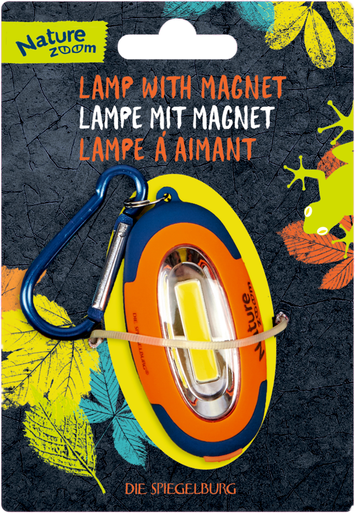 Ovale orange-gelbe Lampe mit Magnet und Karabiner, verpackt auf einer Karte mit Blattmuster.
