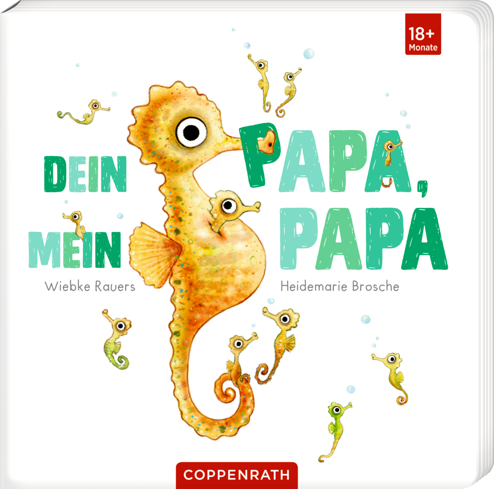 Seepferdchen-Illustration mit dem Buchtitel „Dein Papa, mein Papa“ auf weißem Hintergrund.