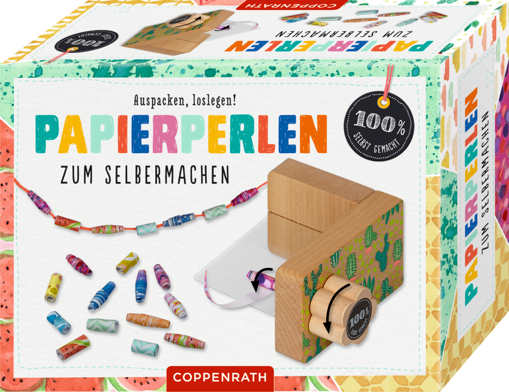 DIY-Papierperlen-Set: Enthält bunte Perlen, Holzwerkzeug. Deutscher Text: „PAPIERPERLEN ZUM SELBERMACHEN“ auf der Schachtel.