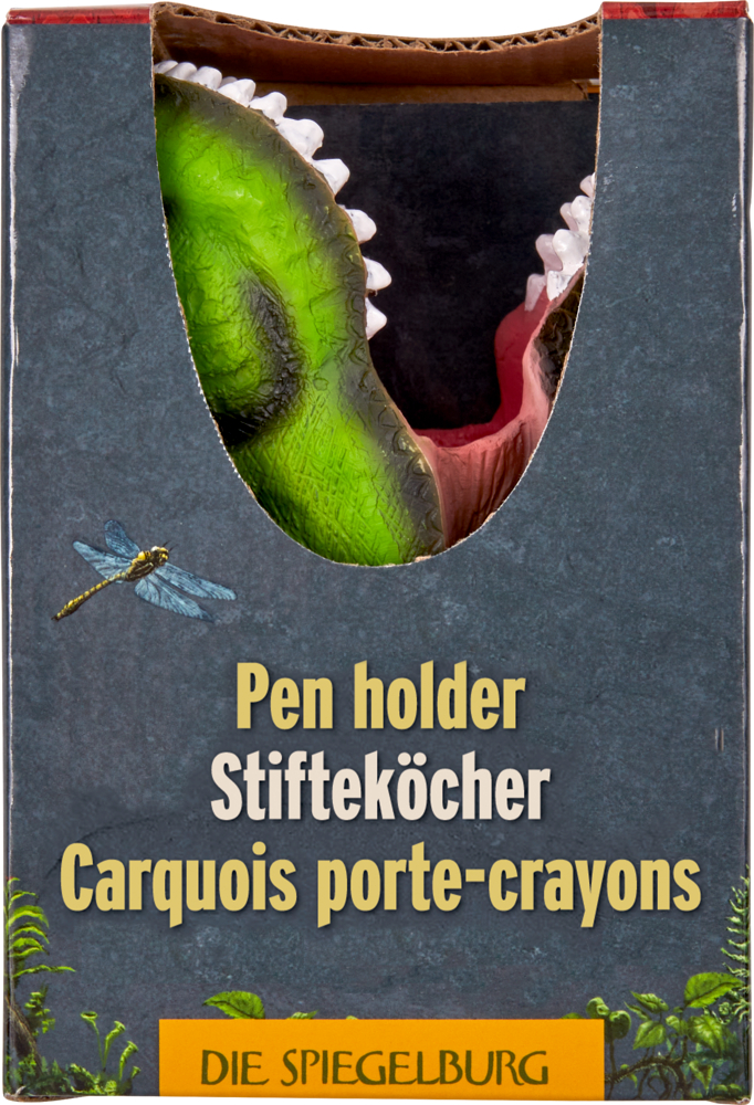 Pappbox mit ausgeschnittenem Fenster, in dem ein Dinosaurier-Detail sichtbar wird.