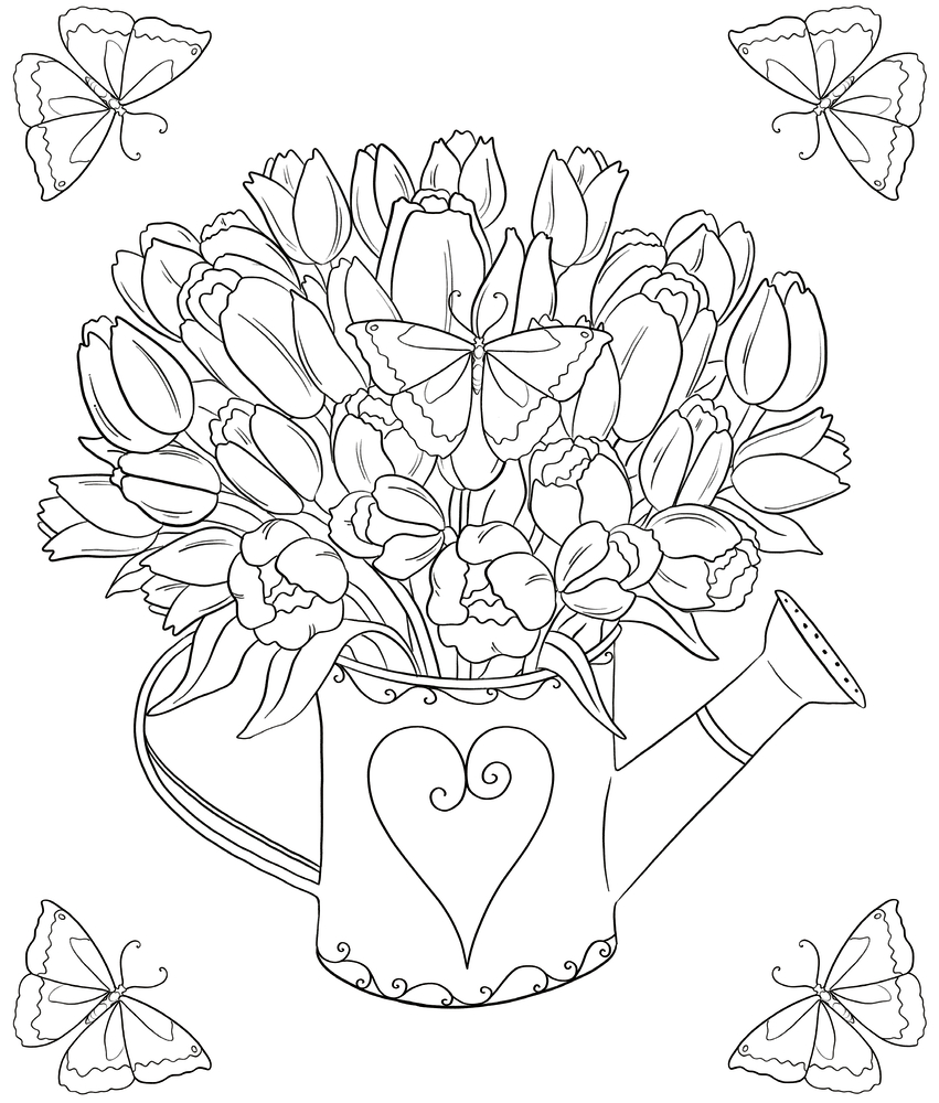 Eine Gießkanne mit Herz enthält Tulpen und Schmetterlinge, weitere Schmetterlinge darum herum. Linienzeichnung.
