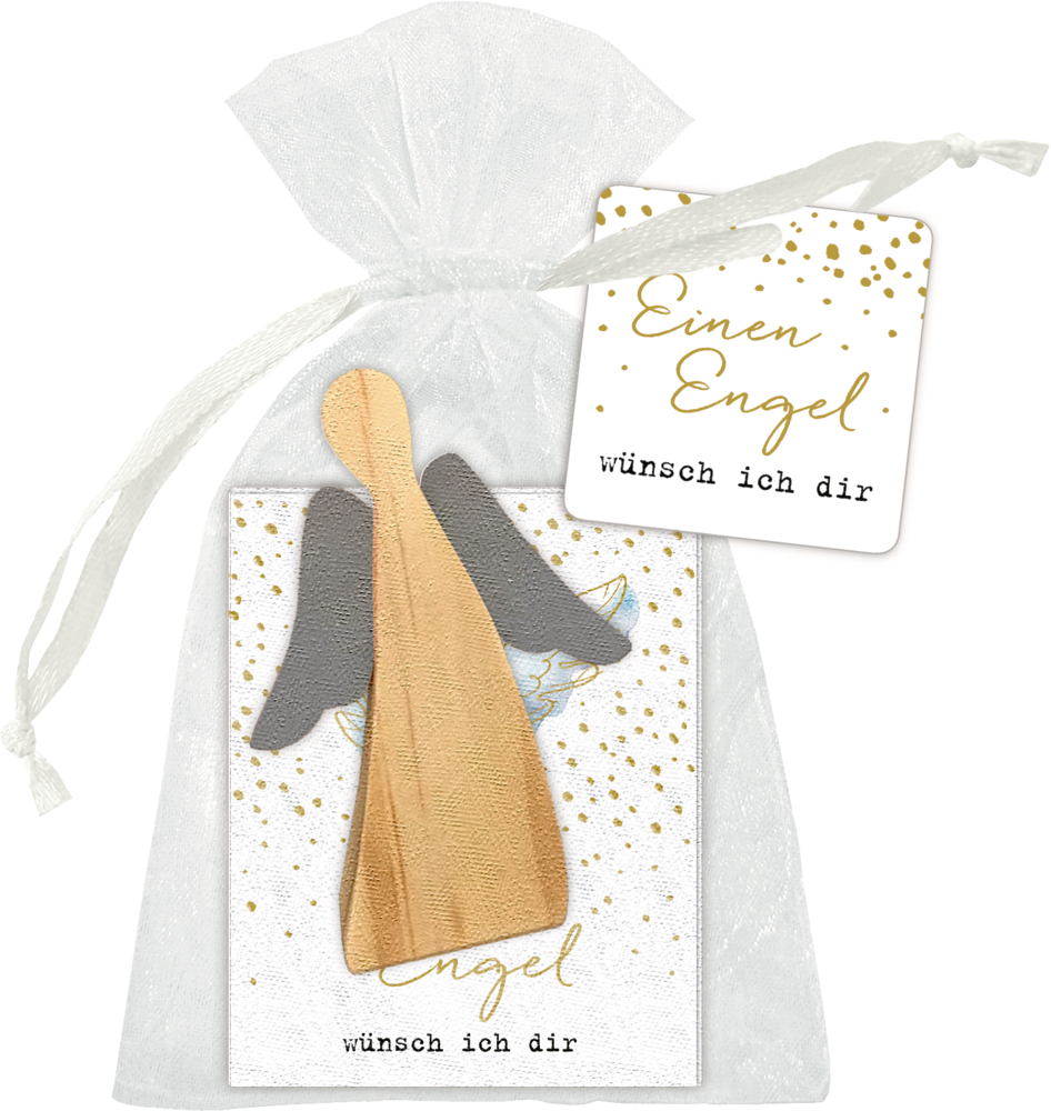Weißer Organza-Geschenkbeutel mit Holzengel, Heftchen mit goldenen Punkten und Text: „Einen Engel wünsch ich dir“.