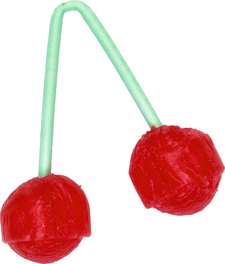Zwei leuchtend rote Zuckerkirschen mit grünem Stiel.