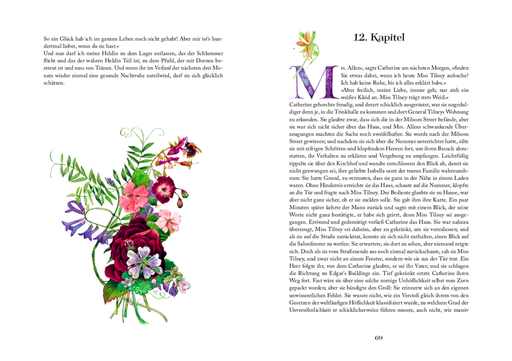 Blumenillustration neben dem Text und der Überschrift „12. Kapitel“ auf einer aufgeschlagenen Buchseite.