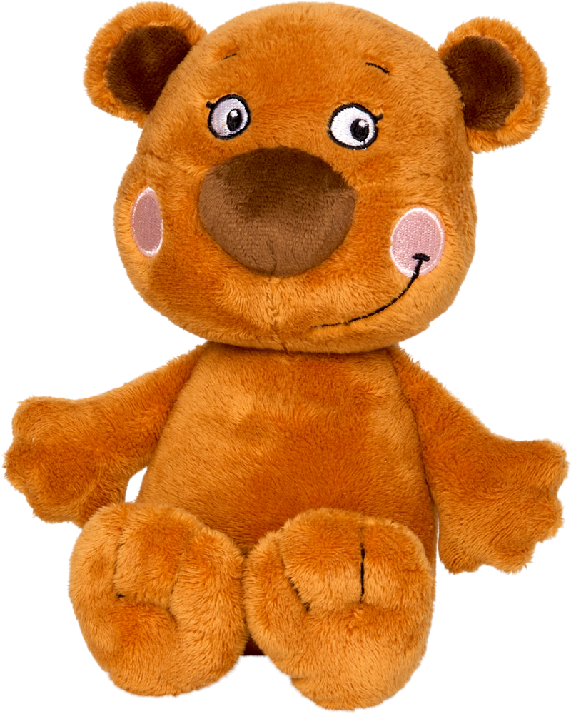 Ein lächelnder brauner Plüschteddybär mit großen Augen, rosa Wangen und einer großen runden Nase.