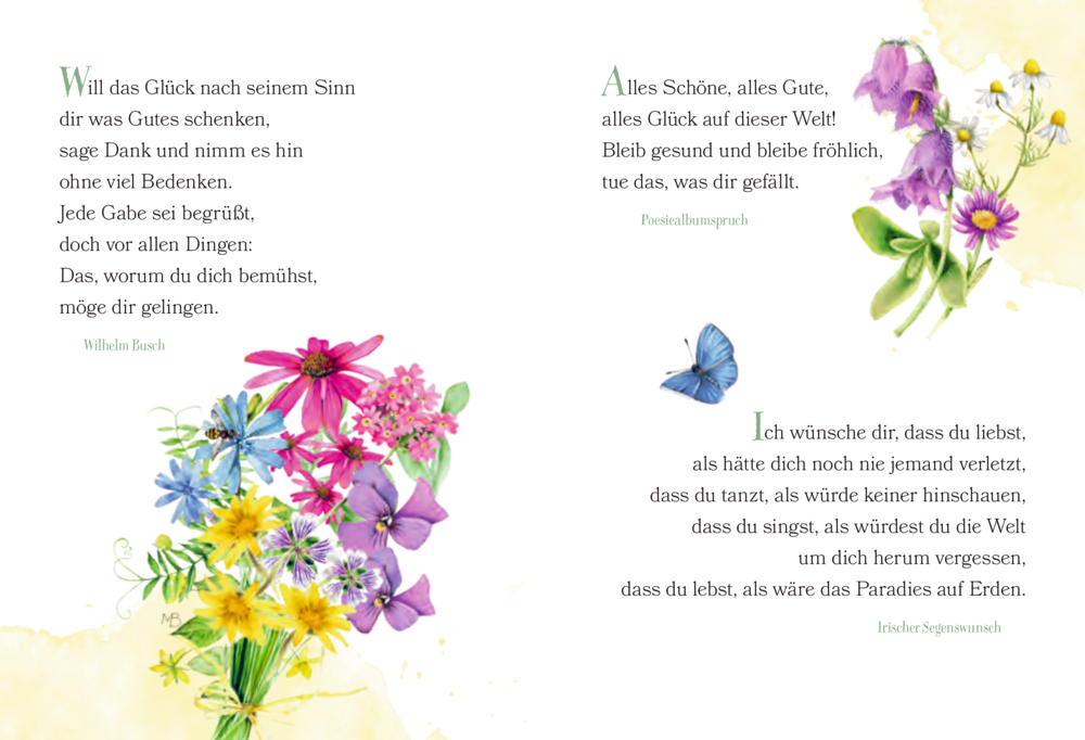 Pastellfarbene Blumen und ein blauer Schmetterling umrahmen  Zitate und Gedichteauf einer Seite zum Thema Glück und Wohlbefinden.
