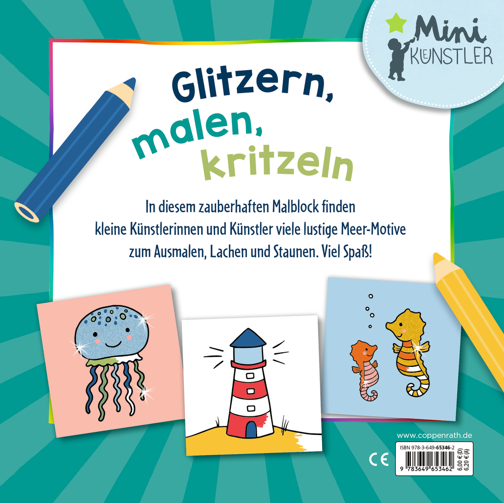 Rückseite eines Malblocks mit blauer Stiftgrafik, Titeltext und Zeichnungen von Qualle, Leuchtturm und zwei Seepferdchen.