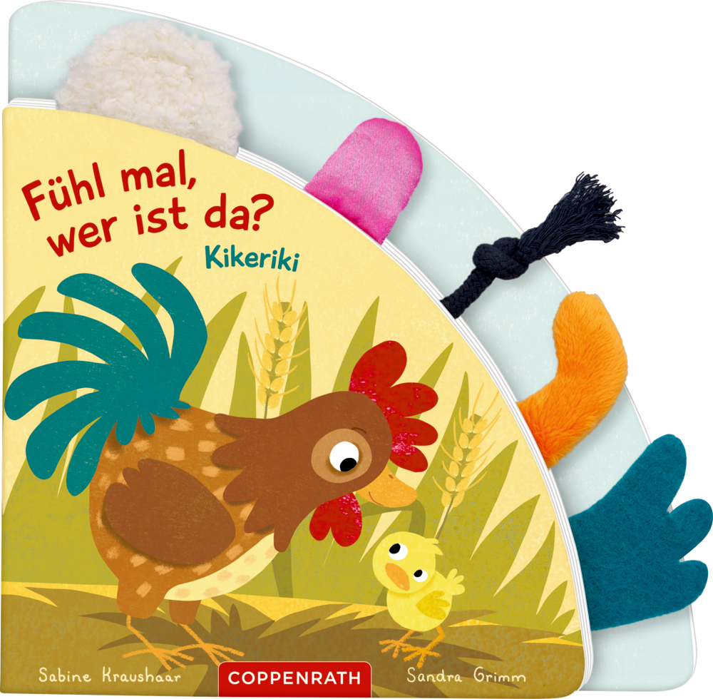 Pappbilderbuch in Form eines viertel Kreises mit Hahn und Küken, mehreren bunten Fühlelementen und Gerstenähren im Hintergrund.