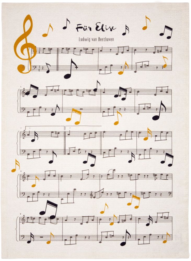 Notenblatt für „Für Elise“ von Beethoven als Geschirrtuch mit großem Violinschlüssel und verstreuten bunten Noten.