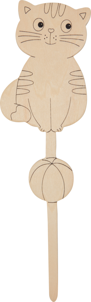Katzenfigur aus Holz mit einfachen Linien, auf einem Ball sitzend an einem Stab.