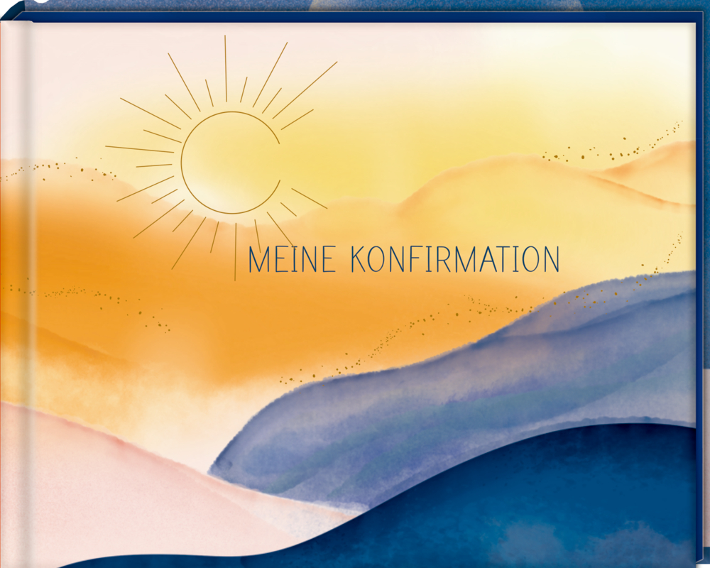 Abstrakte Landschaft in warmem Gelb und Blau, Sonne, Text MEINE KONFIRMATION.