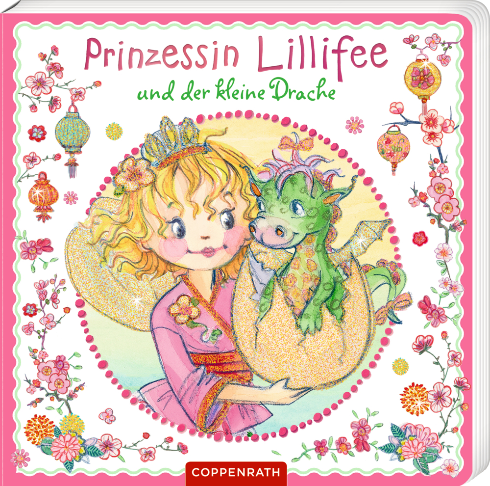 Buchcover: Prinzessin Lillifee hält einen kleinen grünen Drachen, umgeben von Blumen und Laternen.