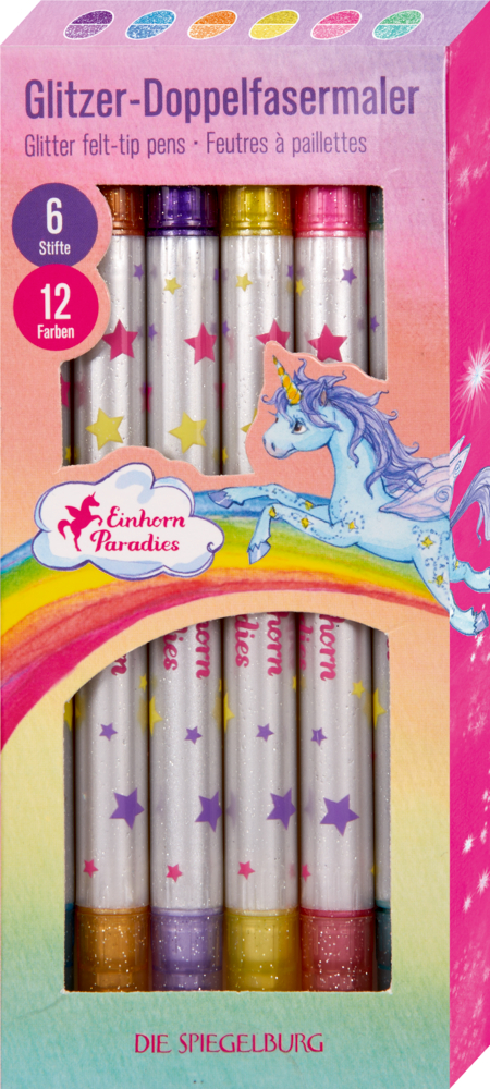 Schachtel mit sechs Einhorn-Glitzer-Doppelfasermalern, verpackt in einer Schachtel mit Regenbogen- und Einhorn-Bildern.