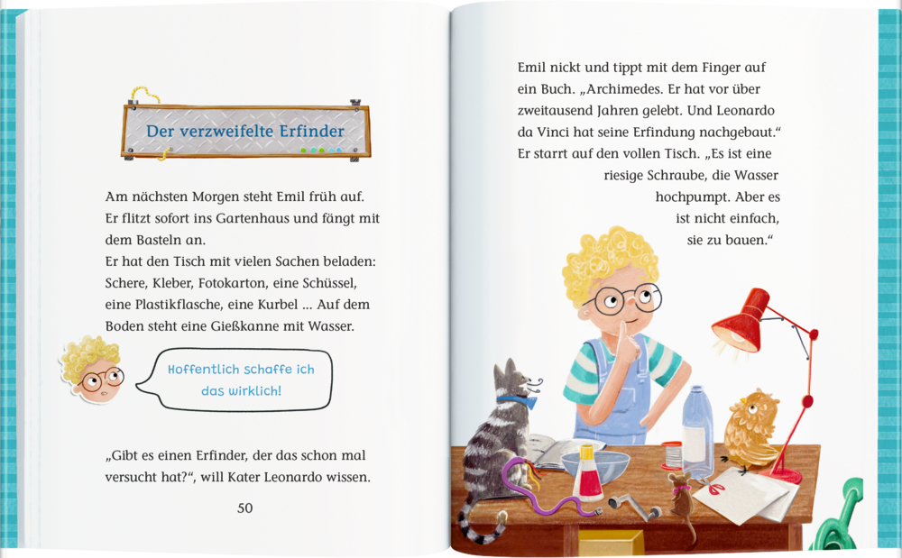 Illustration eines Jungen mit lockigem Haar und Brille am Basteltisch mit Werkzeugen, Flasche, Lampe, Katze und kleinem Vogel.