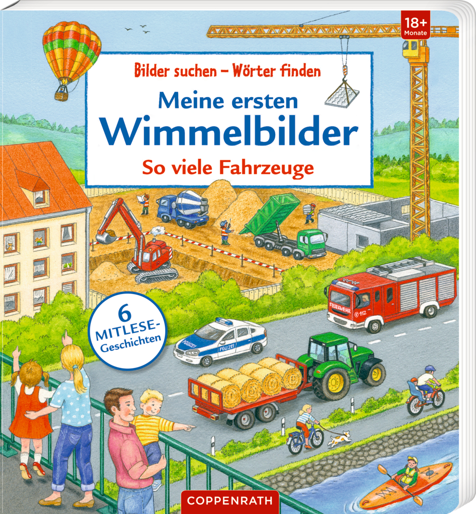 Farbenfrohes Kinderbuchcover von "Meine ersten Wimmelbilder" mit Fahrzeugen, Baustellen, Feuerwehrautos und Menschen in einer lebhaften Szene im Freien.