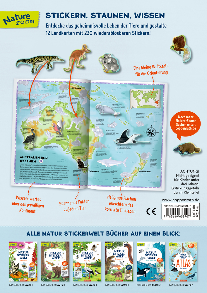 Rückseite eines Kinderbuchs mit Weltkarte und Tierstickern, darunter mehrere weitere Natur-Stickerwelt-Bücher nebeneinander.