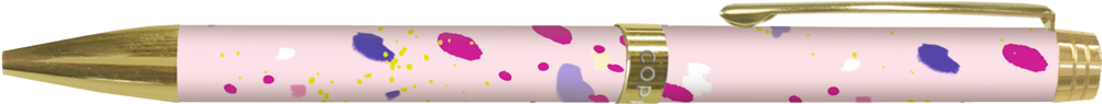 Rosa-goldener Stift mit abstrakten Farbspritzern in Lila, Magenta und Gelb auf dem Schaft.